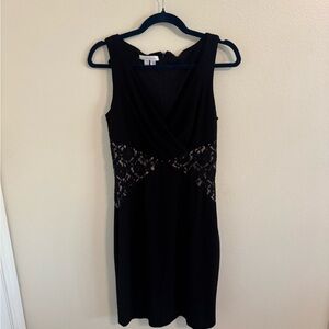 London Times Black Midi Dress with Lace Accents